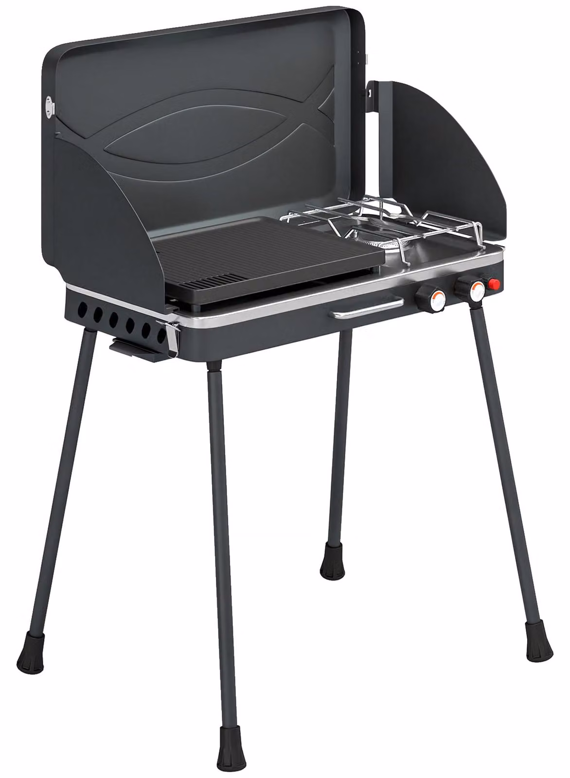 Griglia a gas portatile, 2 bruciatori, 7 kW, con piano di cottura | Colore: nero | Dimensioni: 61x47x88 cm