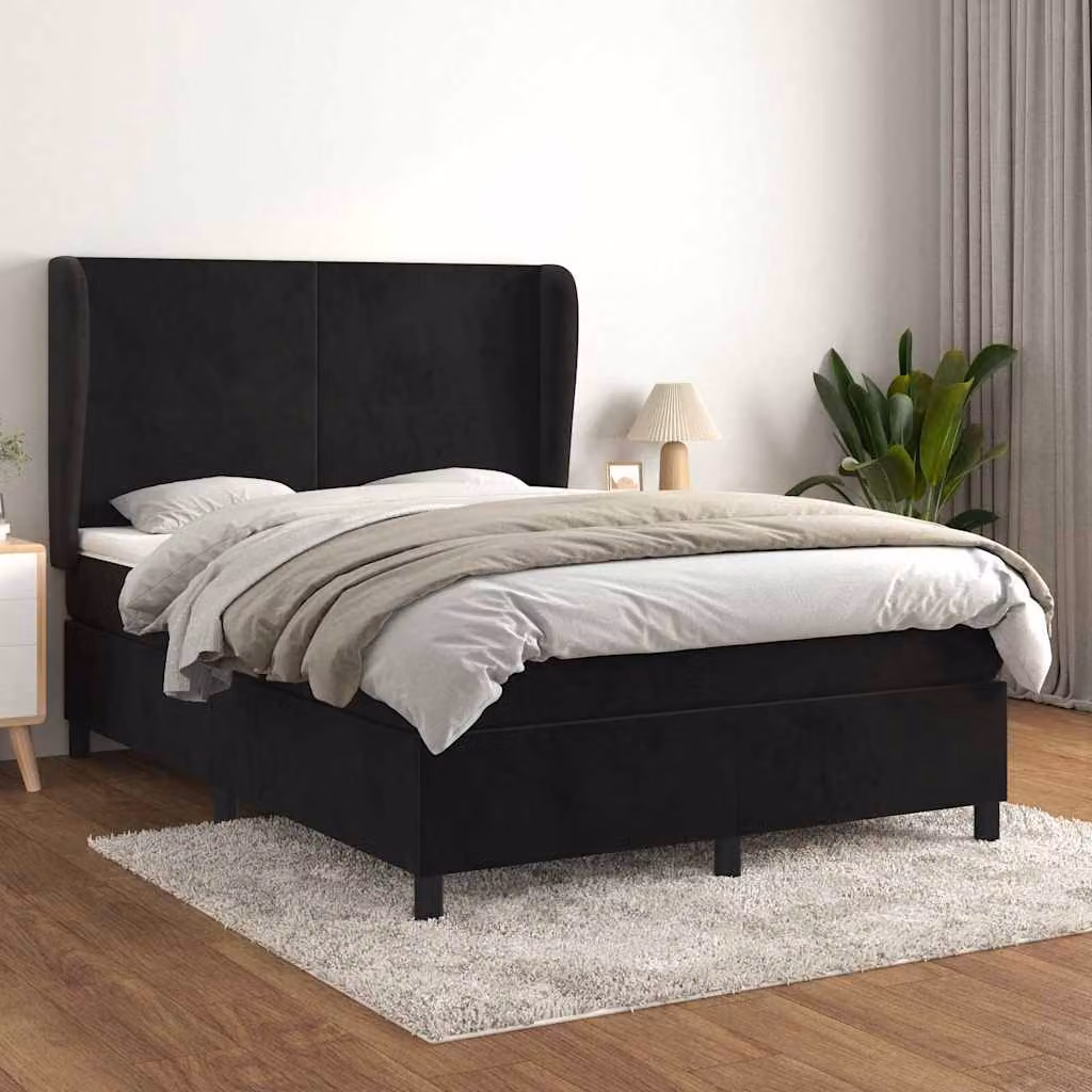vidaXL Giroletto a Molle con Materasso in Velluto Nero L/P/H: 140 x 200 x 128 cm – 1