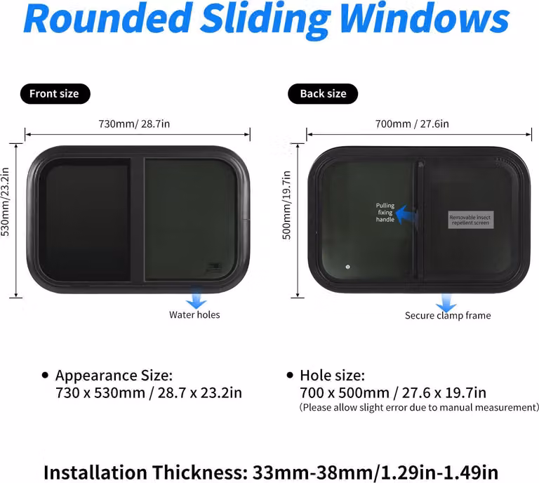 Finestra scorrevole per camper, 700 x 500 mm, lega di alluminio nero, vetro resistente ai raggi UV con zanzariera mobile per spessore parete: da 33 a 38 mm