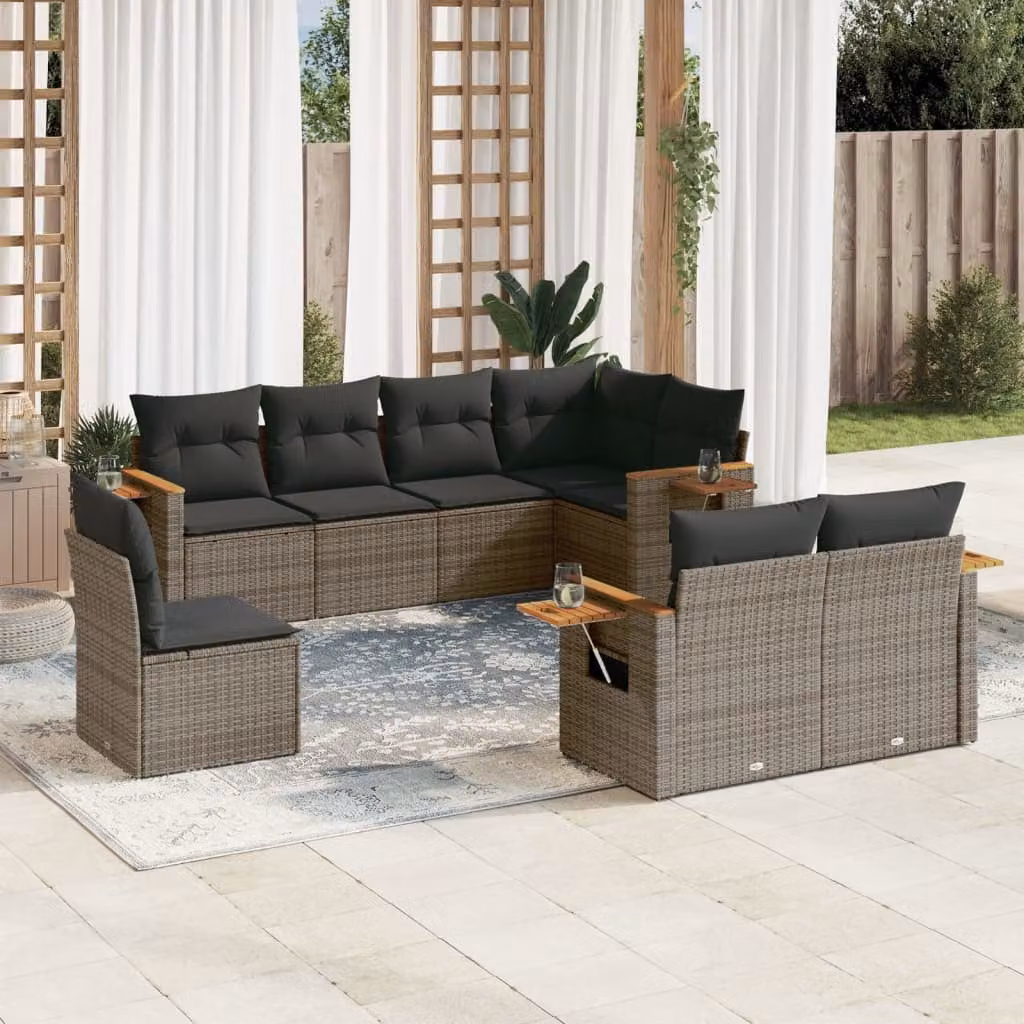 vidaXL Set Divano da Giardino a L 8 pz in Polyrattan Grigio con Cuscini e Tavolino – 1