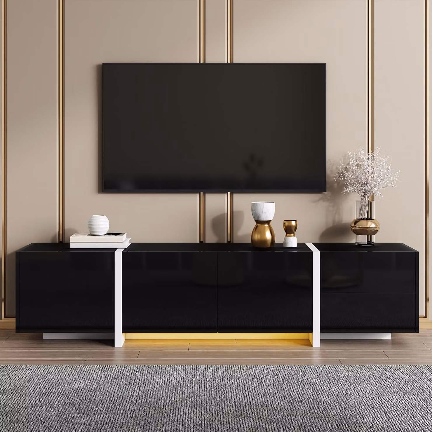 Mobile basso per supporto TV moderno GL Store con illuminazione LED integrata, Nero e Bianco, L 170 cm x P 30 cm x H 39 cm – 2
