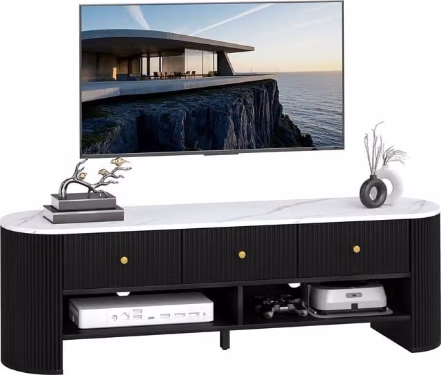 Mobile TV HOMCOM da 140 cm per televisore fino a 65 pollici, design moderno con effetto marmo, 3 cassetti e 2 mensole, colore nero
