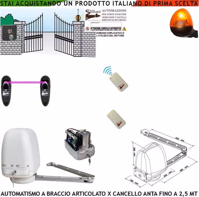 CANCELLO AUTOMATICO KIT MOTORE A BRACCIO ARTICOLATO 220/24 V ANTA BATTENTE DA 0,5 A 2,5 MT CENTRALE RADIOCOMANDI FARO SELETTORE FOTOCELLULE