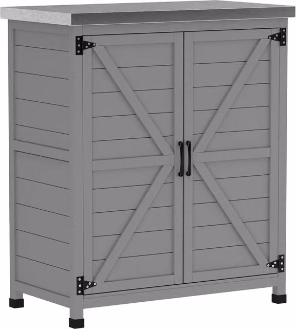 Casetta da giardino in legno, per esterni, resistente alle intemperie, con piano di lavoro, doppie ante, ripiano, armadietto porta attrezzi,