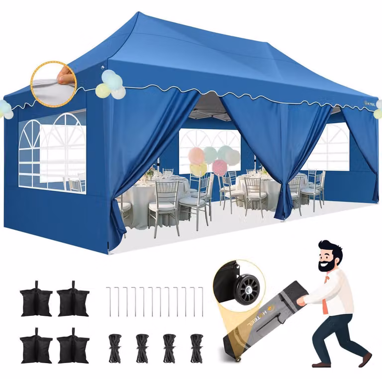 Tenda da giardino 3x6 metri, colore blu cielo, impermeabile, protezione UV 50+, con 6 pareti laterali