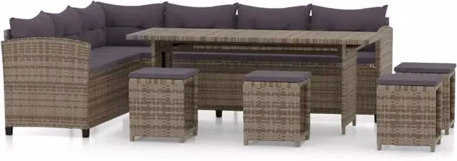 Set di mobili da giardino Outsunny in resina intrecciata grigia con 6 pezzi, divano angolare a L, tavolino da caffè e pouf con cuscini imbottiti in tessuto resistente ai raggi UV
