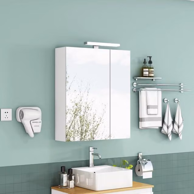 Armadio bagno a parete con specchio 60x16x70 cm MDF e vetro bianco LED -