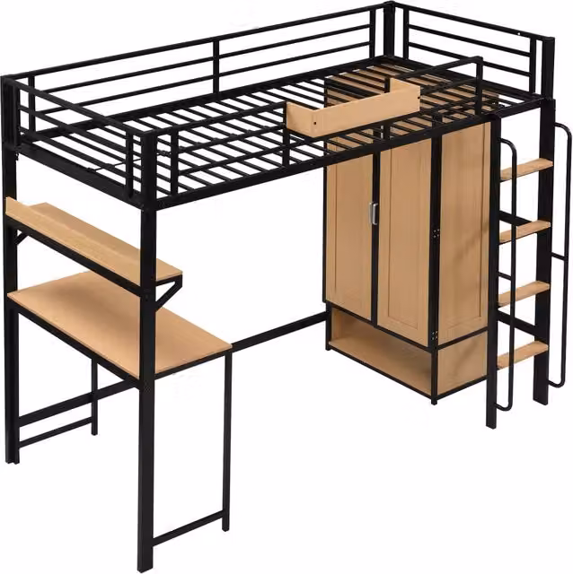 Letto a Soppalco 90x200 cm - Armadio a 2 Ante; Scrivania; Scaffale e Scala - Nero