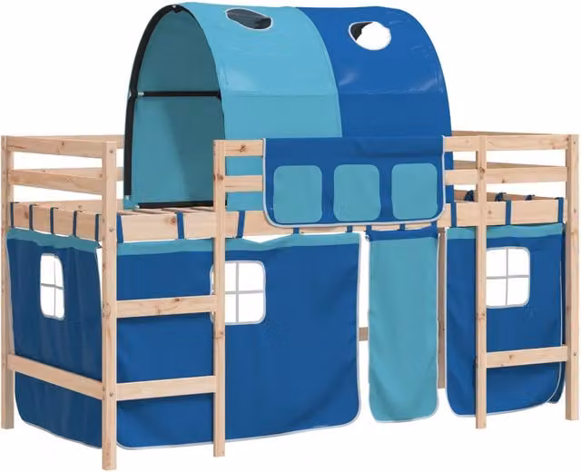 Letto a Soppalco con Tunnel Bambini | Letto Infantile | Lettino Blu 80x200cm Massello Pino