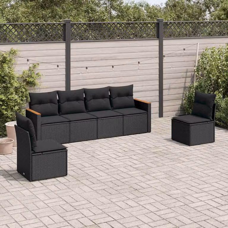 Set Divano da Giardino vidaXL 6 pz con Cuscini Nero in Polyrattan e Acciaio