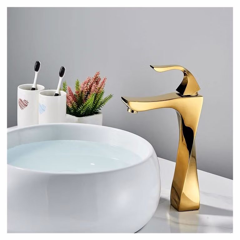 Rubinetto dorato lucido per il bagno, design a cascata, miscelatore per acqua calda e fredda, miscelatore monocomando in nero bronzo
