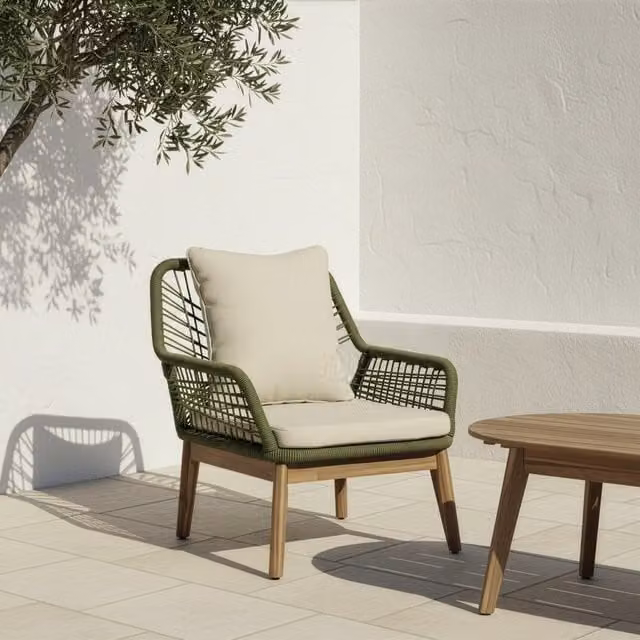 Poltrona da giardino Kairo Banak in legno di acacia e corda intrecciata verde e beige