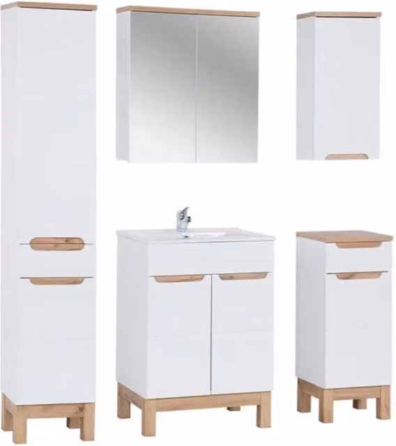 Set bagno moderno Meublorama ERMANO composto da mobile sottolavabo, lavabo da incasso, colonna, contenitori e mobile con specchio in finitura lucida bianco e rovere