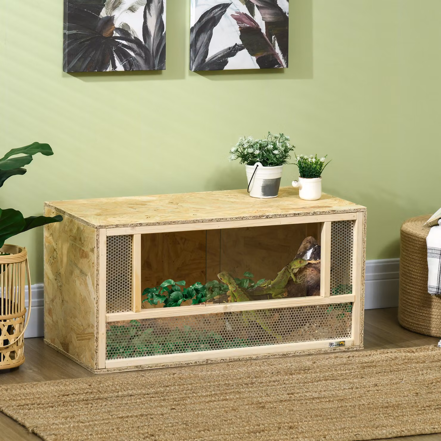 Terrario per rettili in legno PawHut marrone con porte in vetro scorrevoli e pannelli in rete, L 80 x P 40 x H 40 cm – 2