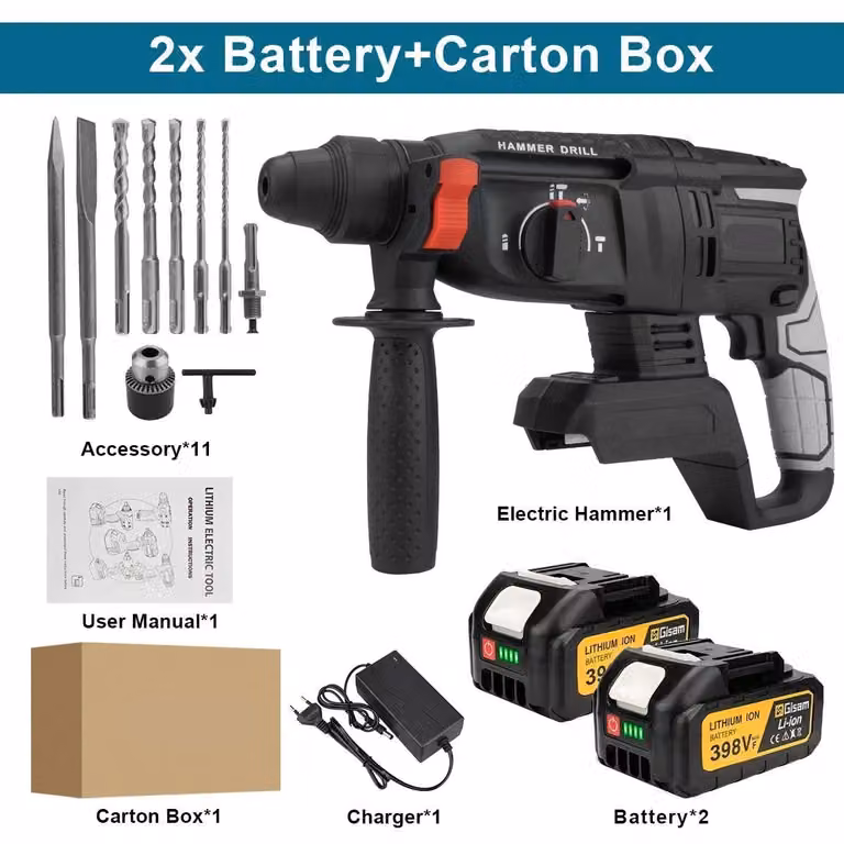 Boorhamer da 26 mm – Trapano avvitatore a batteria brushless – Multifunzione 3-in-1 con 2 batterie