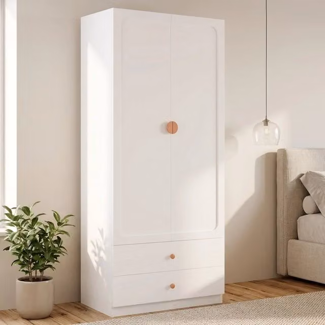 Armadio bianco 200x90x45 cm con maniglie in legno massello, 2 cassetti, 1 appendino e ampio spazio contenitore. Mobile moderno per camera, cameretta e ufficio