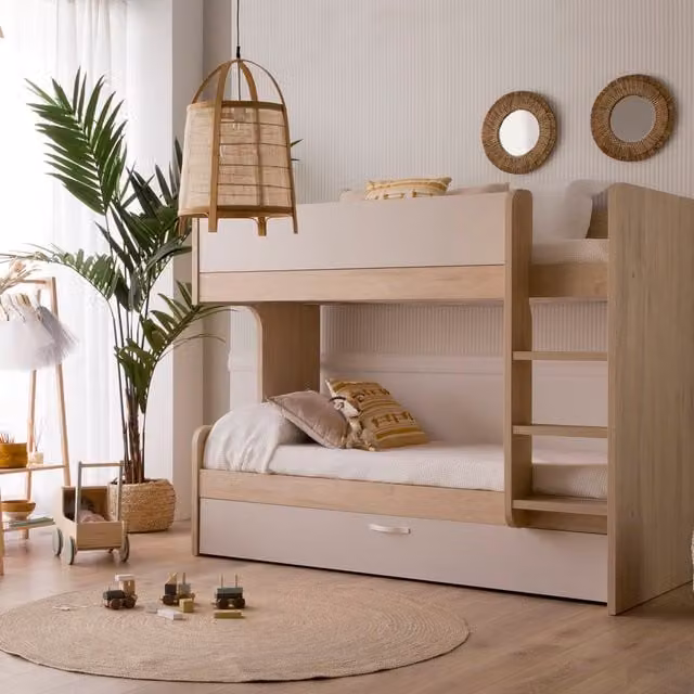 Letto a castello Hansel Banak con scaffale e scala a destra, disponibile in bianco, grigio o rosa, per materasso 90x190 cm