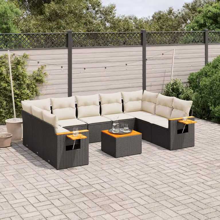 vidaXL Set Divani da Giardino 10pz a Forma a U in Polyrattan Nero con Cuscini e Tavolino da Esterno