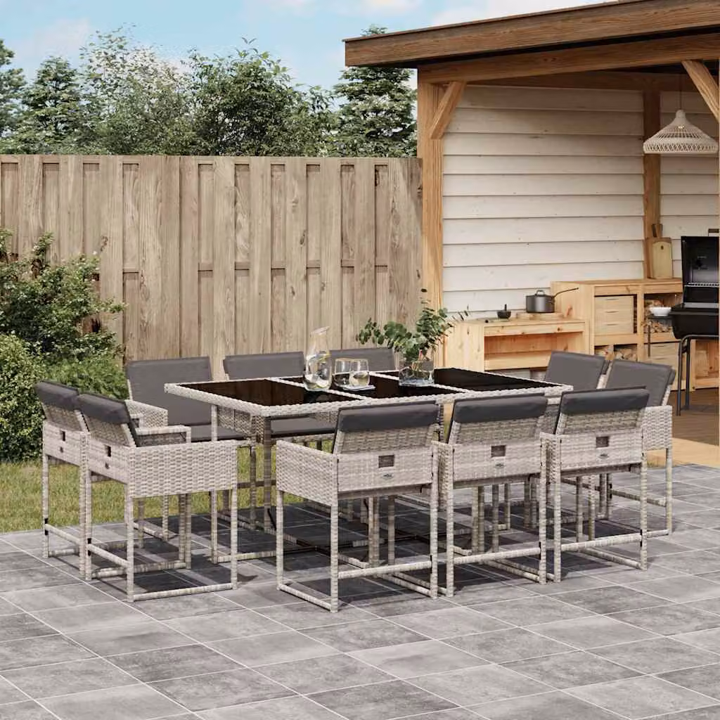 Set da pranzo da giardino vidaXL in polyrattan con cuscini grigio antracite e piano in vetro, 11 pezzi – 1
