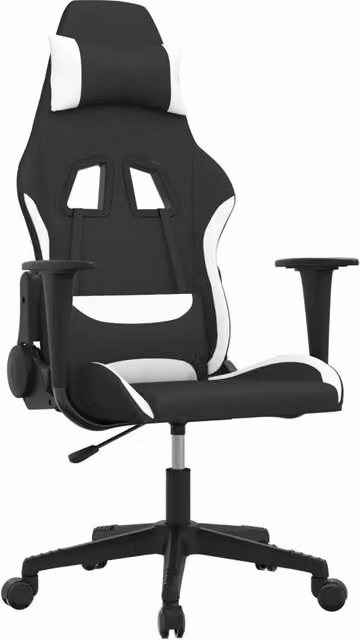 Sedia da Gaming Sportiva in Tessuto Nero e Bianco con Poggiatesta e Ruote, Girevole a 360 Gradi, H 128 x L 65 x P 58 cm – 1