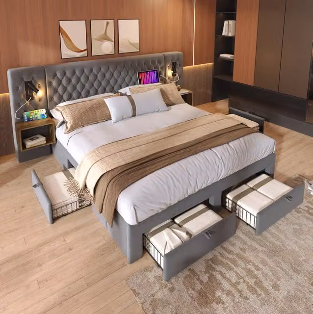 Letto matrimoniale 180x200 cm in velluto grigio con 2 comodini; 4 cassetti e luce lettura