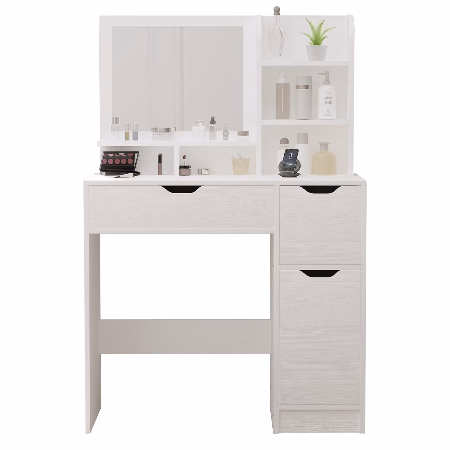 Moderna toeletta da trucco con specchio e cassetti, bianca in stile loft