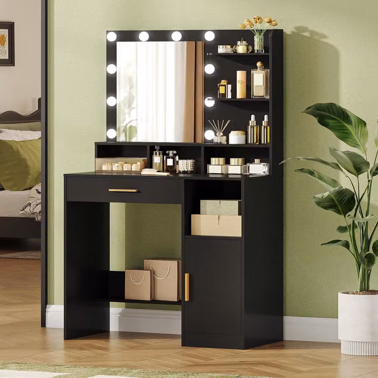 Comò da trucco con specchio e 10 luci LED, 3 ripiani, 4 scomparti, un cassetto, un armadietto, colore nero