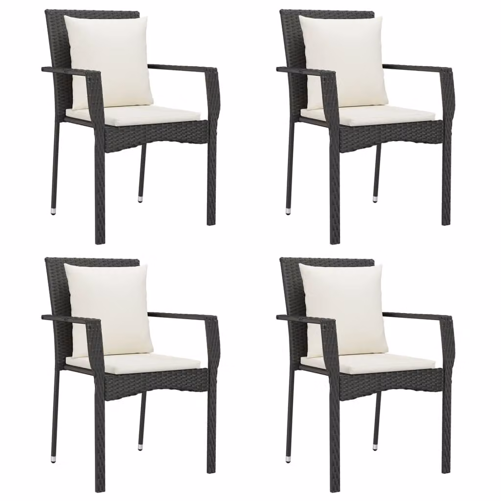 Sedie da Giardino con Cuscini 4 pz in Polyrattan Nere