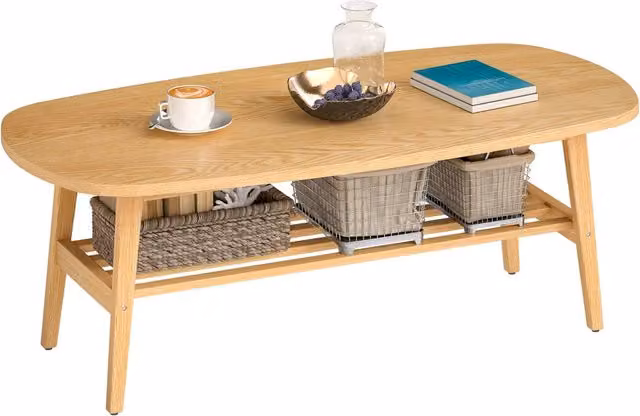 Tavolino da caffè multistrato e legno di albero della gomma, naturale, robusto, con mensola per soggiorno e camera da letto, 120 x 60 x 42 cm