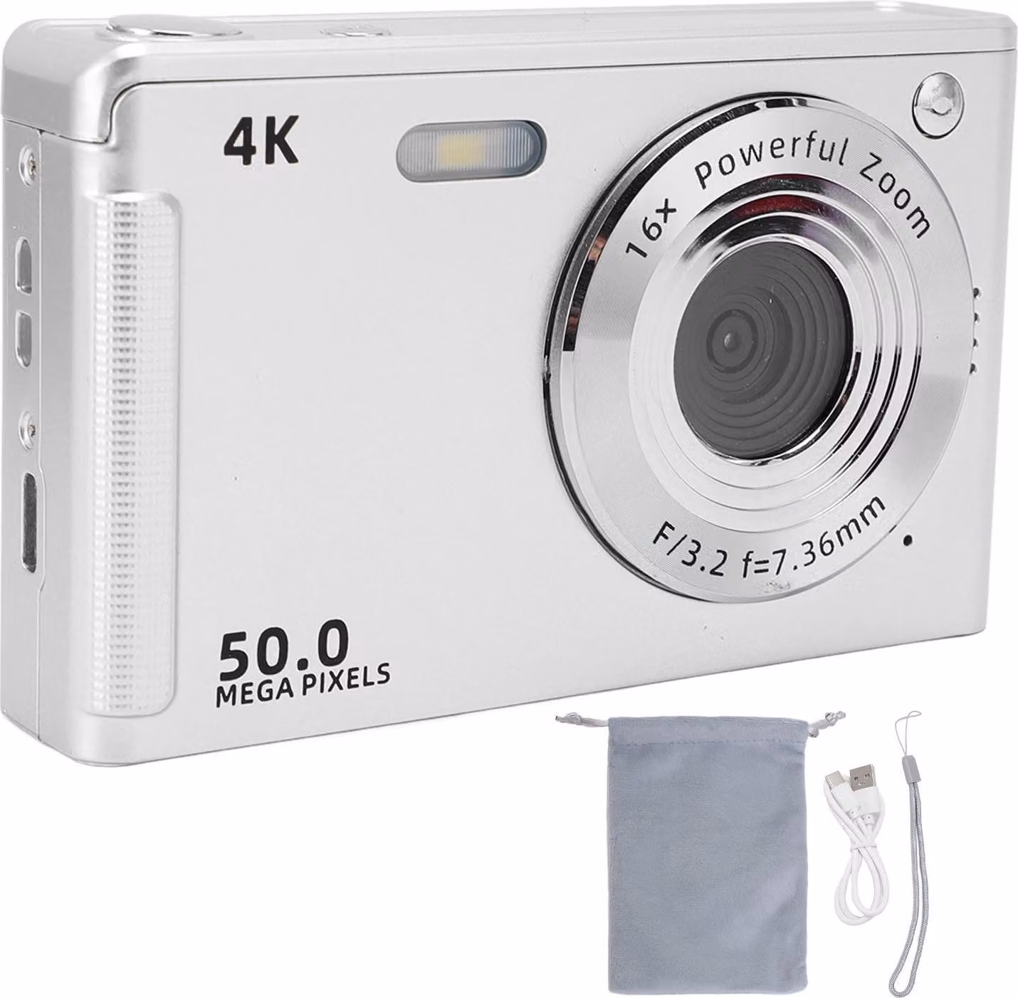 Fotocamera digitale con luce di riempimento, 4K, 50 MP, schermo da 2,8 pollici, zoom 16x, autofocus AF anti-shake per ritratti e paesaggi, argento