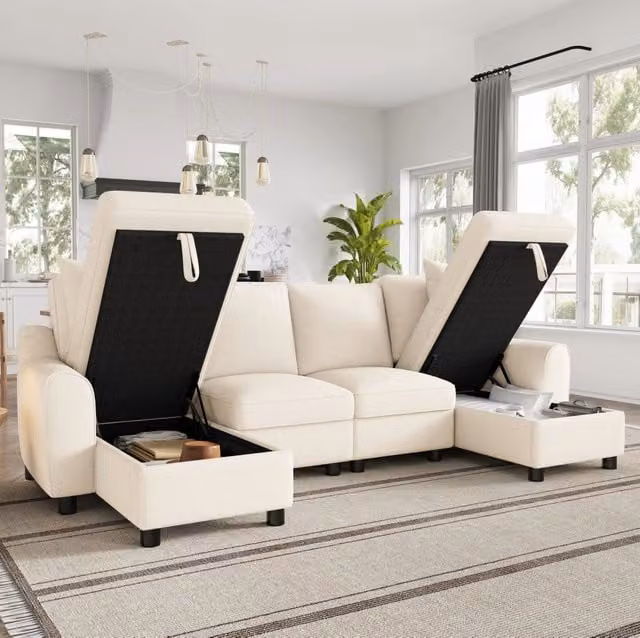Divano a U in chenille beige 280x137x84 cm con chaise longue contenitore