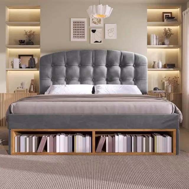 Letto matrimoniale imbottito in velluto grigio con cassetti e testiera regolabile L/P: 140 x 190 cm
