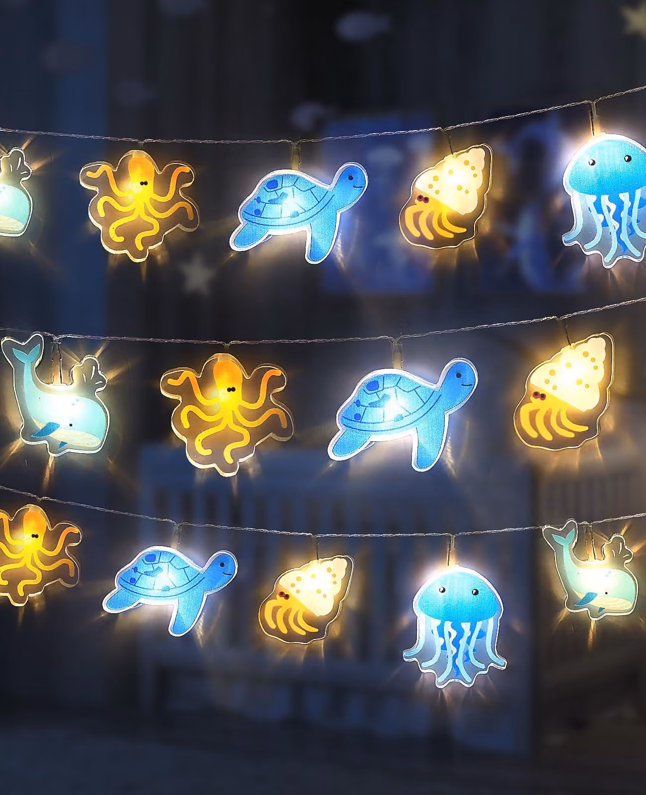 Catena luminosa con 20 luci a forma di creature marine, lunghezza 3 metri, materiale: acrilico, luce bianco caldo