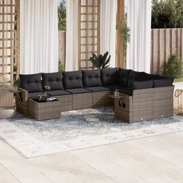 Set Divano da Giardino VIDAXL in Polyrattan Grigio con 10 Cuscini Moderno – 1