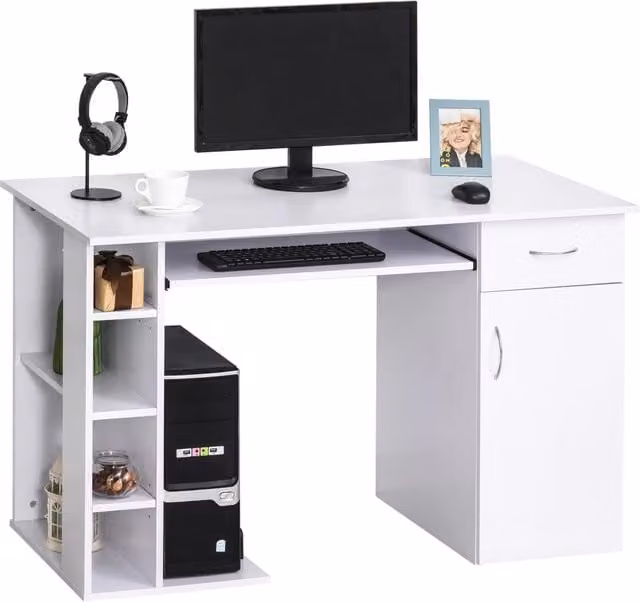 EasyComfort Scrivania per PC Ergonomica con Mensole, Armadietto, Cassetto e Piano Tastiera Estraibile, Bianca, L: 120 cm, P: 60 cm, H: 74 cm – 1