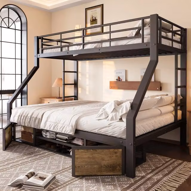 Letto a castello ULEVR 90x200 e 140x200 cm con scarpiera, 2 vani e scala, nero