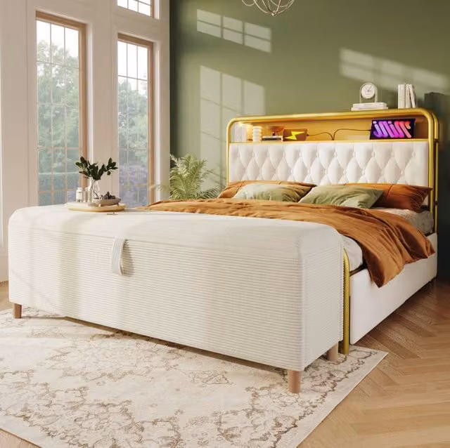 Panca fondo letto ULEVR 175 cm con vano contenitore idraulico, rivestimento in velluto a coste beige