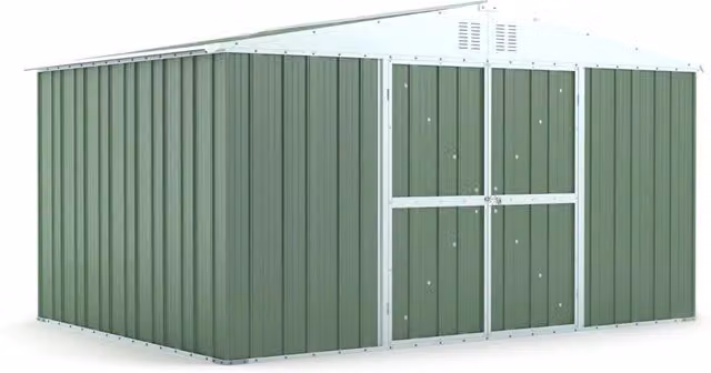 Casetta Box da Giardino Enaudi in Acciaio Zincato Verde con Doppia Porta, L: 403 cm, P: 269 cm, H: 217 cm