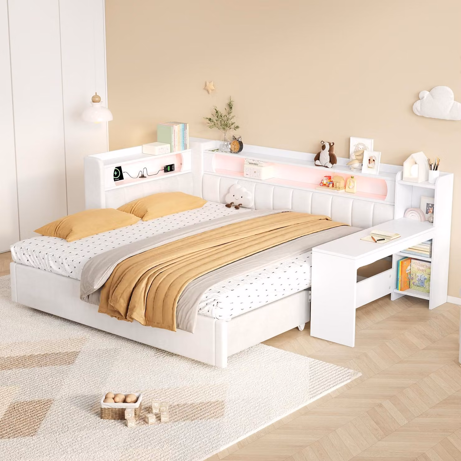 Letto a castello okwish 90x200 con scrivania e letto estraibile, letto per bambini con LED e prese USB, struttura imbottita bianca, senza materasso