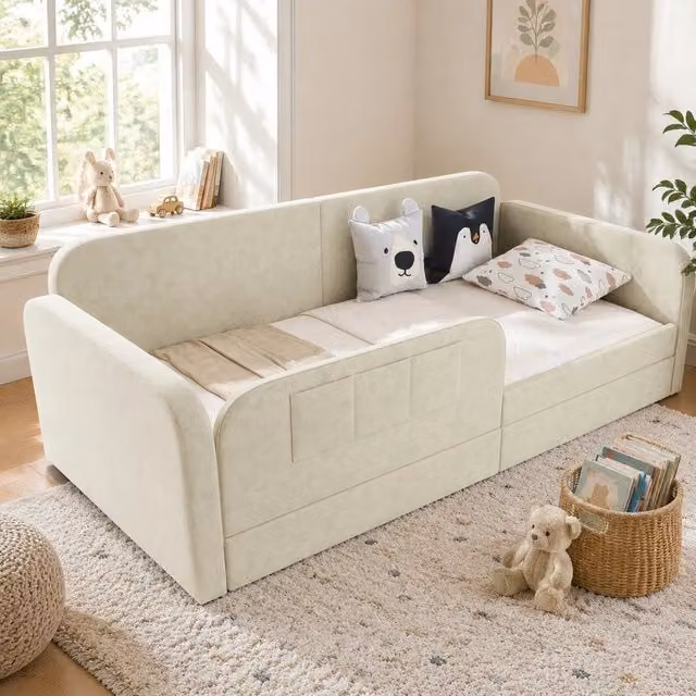 Letto Mivray imbottito con cassetti e rete a doghe in velluto bianco L/P: 90 x 200 cm