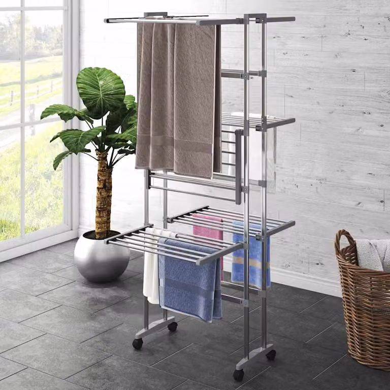 Stendibiancheria a 3 Livelli con Ruote vidaXL Argento L 60 cm, P 70 cm, H 129 cm