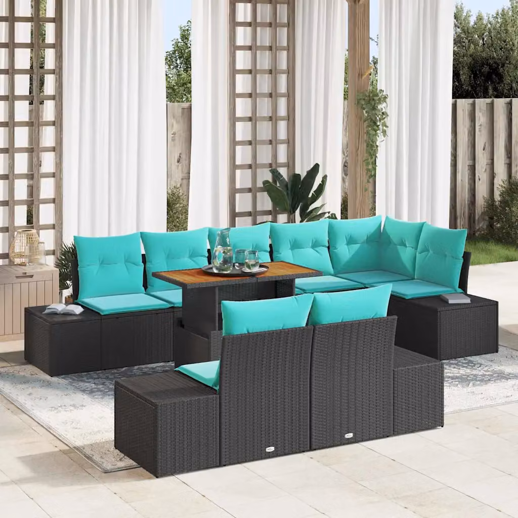 Set Divano da Giardino vidaXL a forma a U composto da 9 pezzi con Tavolino e Cuscini, Colore Nero e Turchese, Struttura in Metallo e Rattan
