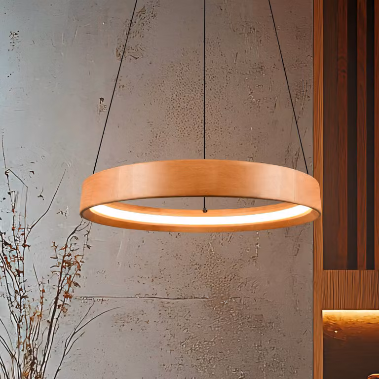 Trio Lighting Lampada LED a sospensione Lynwood, Ø 50 cm, color legno, dimmerabile, Legno chiaro, Soggiorno / Sala da pranzo, Legno
