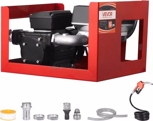 Pompa Elettrica Travaso Carburante 370W 60 L/min ETM-60N-01 in Ghisa con Contalitri e Tubi per Officina Veicoli Cantieri 230V