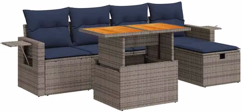 Set Divano da Giardino 6pz con Cuscini Grigio Polyrattan Acacia