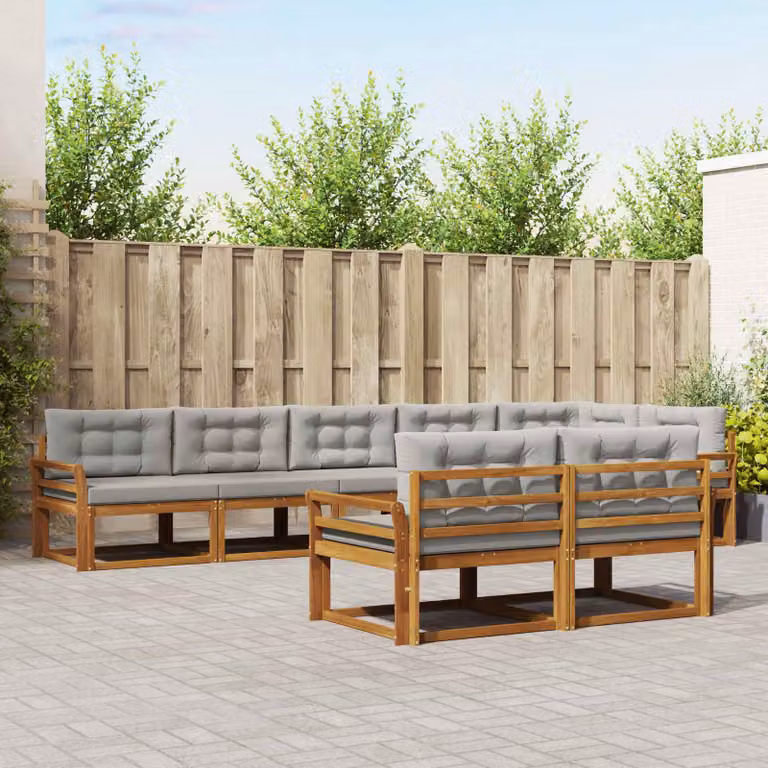 Set di divani da esterno vidaXL a forma di U in legno di acacia con cuscini, 8 pezzi, Beige e Grigio