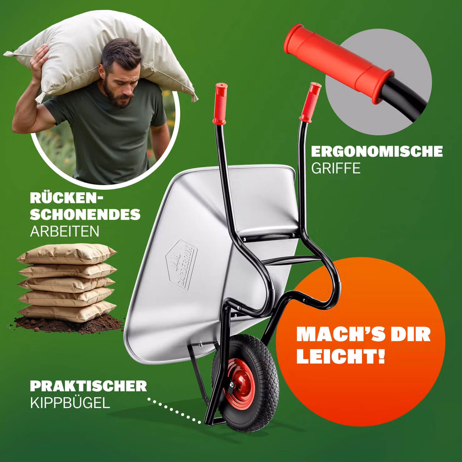 Carriola Gardebruk in acciaio zincato da 100L disponibile in argento, nero o rosso – 2