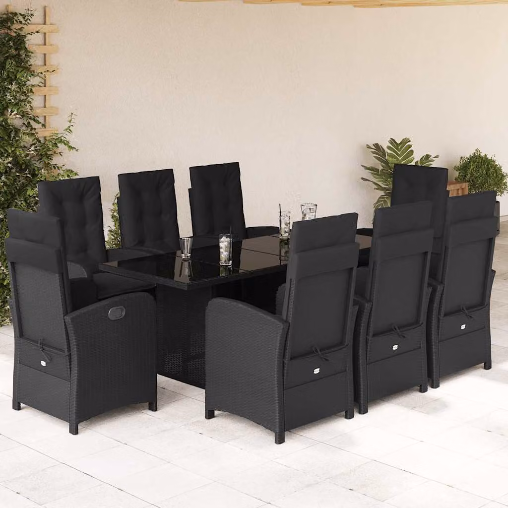 Set da pranzo da giardino vidaXL in polyrattan nero con cuscini e tavolo in vetro, 9 pezzi – 1