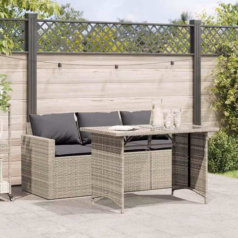 Set da pranzo da giardino vidaXL in polyrattan grigio con tavolo in vetro e 2 pezzi con cuscini