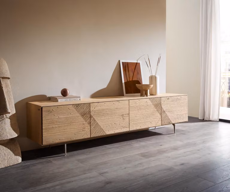 DELIFE Mobile basso Tereos 220 cm rovere naturale effetto 3D 4 ante piedini angolari in acciaio inox spazzolato